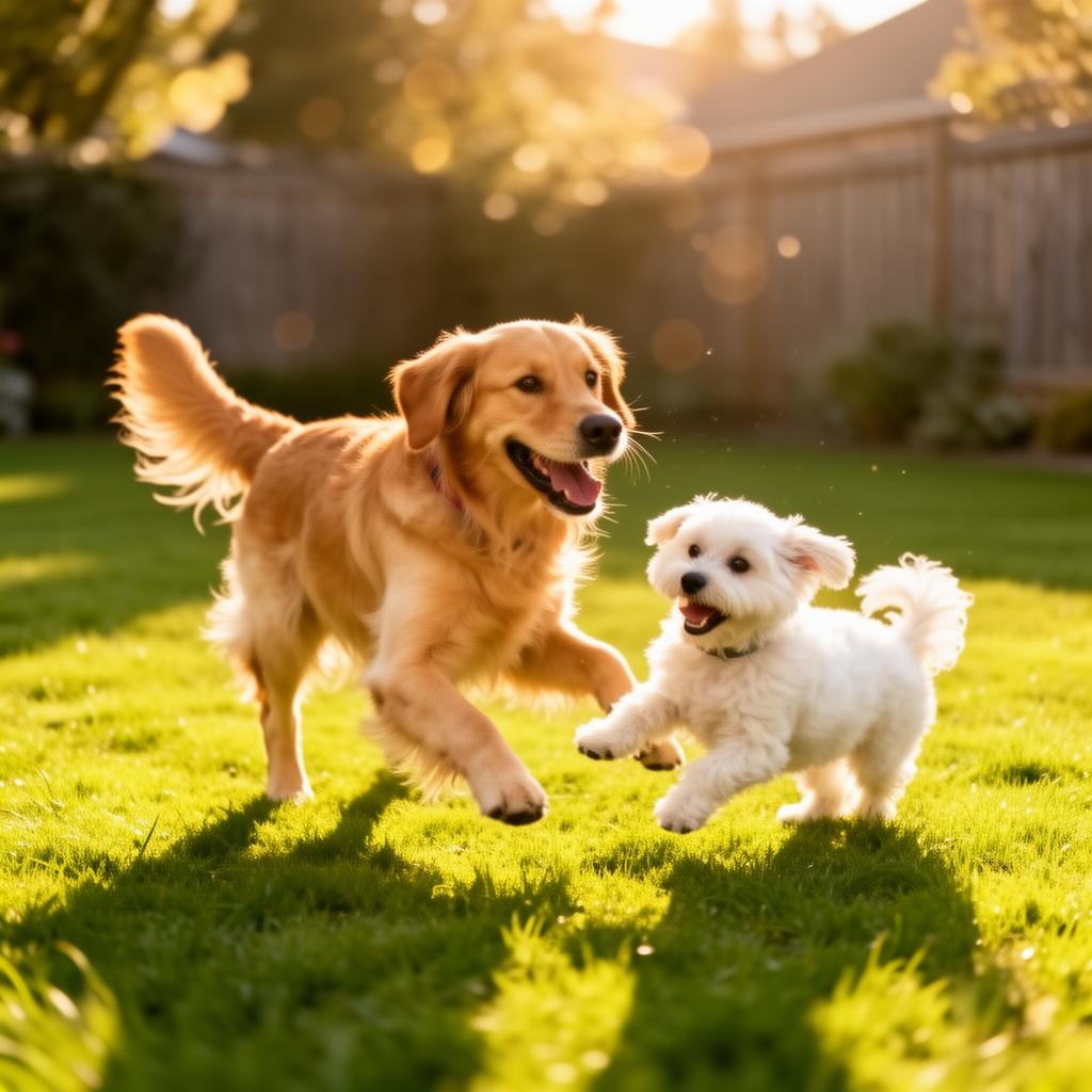 Cachorros felizes brincando no quintal da Casinha Pet Shop